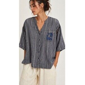 Japanese Style Textured Cotton Shirt Jacket Gray Embroidered Stripe Relaxed L